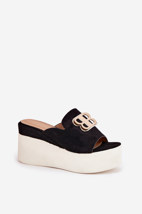 Klapki Koturn Platforma Ozdoba Eko Zamsz Czarne Tanonea