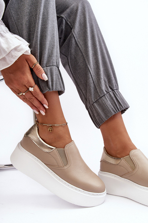 Buty Sportowe Damskie Skóra Platforma Beżowe Lemar Manish 10151