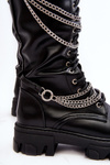 Women's Classic Leather Boots with Chains Black Lannera