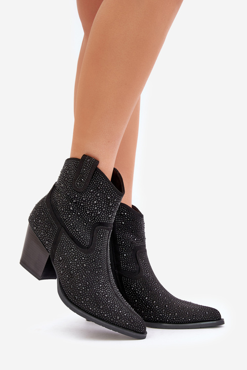 Botki Kowbojki Ze Zdobieniem Obcas Noski W Szpic Czarne S.Barski HY42-121