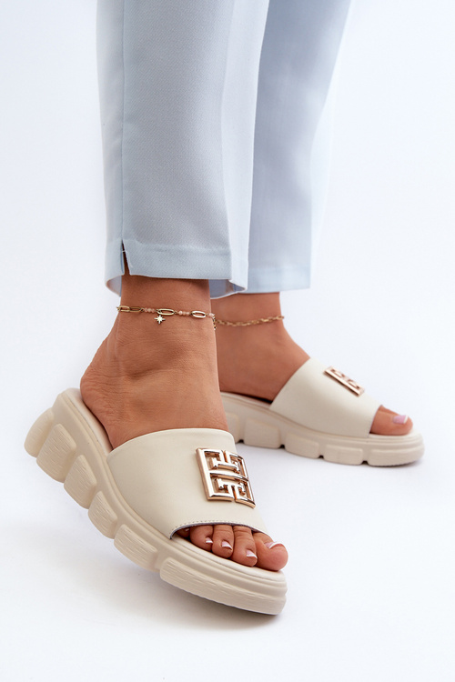 Klapki Damskie Złota Ozdoba Koturn Skóra Beżowe Vinceza 41444