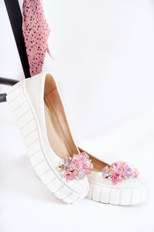Leather Ballerinas On A Platform With Colorful Ornament White Ladette