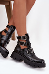 Lacquered Women's Boots with Straps and Silver Clamps Black Helisse