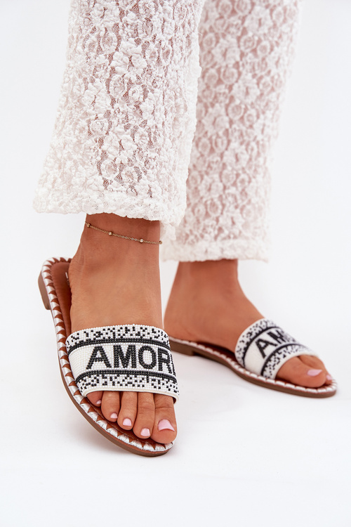 Klapki Damskie Płaski Obcas Zdobienie Amore Białe Avelina 
