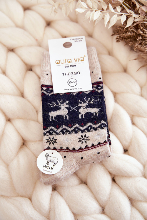 Women's Christmas Woolen Socks Reindeer Pattern Beige and navy blue