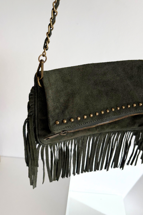 Suede Bag with Fringes on Chain Dark Green Narella