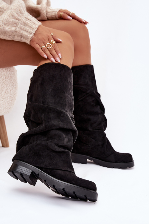 Women Ankle Boots Insulated Slip On With Wrinkled Shaft Black Ilvessa