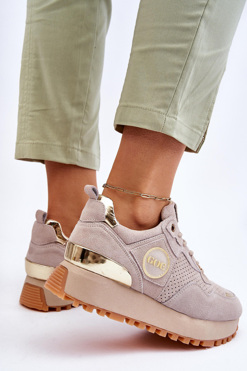 Buty Sportowe Damskie Zamsz Platforma Beżowe GOE LL2N4001