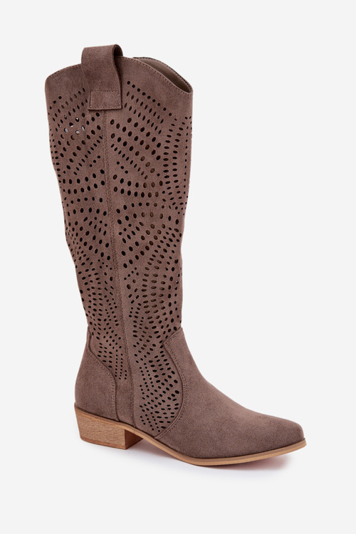 Openwork Women's Knee-High Block Heeled Boots Dark Beige Fioris