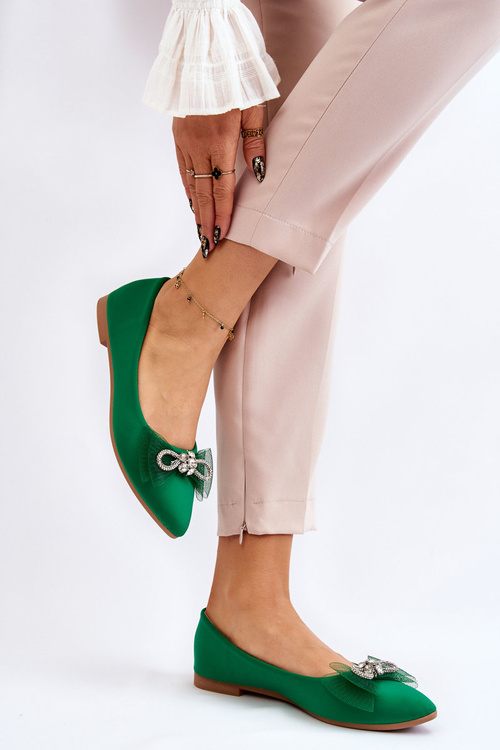 Women's V-neck Ballerinas With A Decorative Bow Green Luminous