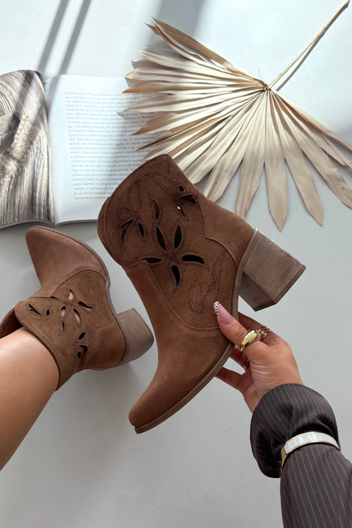 Women's Openwork Ankle Boots Made of Natural Suede on Heel Zazoo 3690 Brown