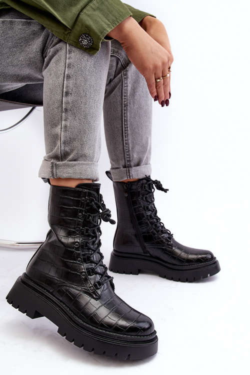 Women's Workery Boots with Decorative Embossing Black Tarolia