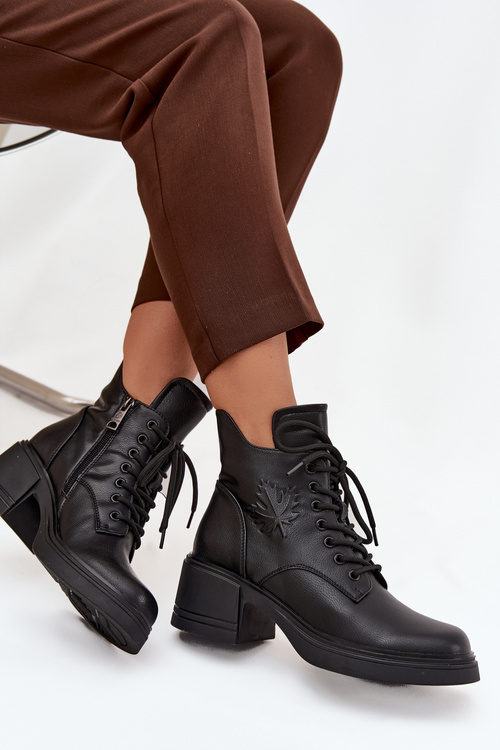 Damskie Botki Skóra Naturalna Ocieplane Obcas Klocek Czarne Vinceza 39950