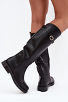 Women's Flat Heel Boots with Strap and Gold Buckle Black Sylvena