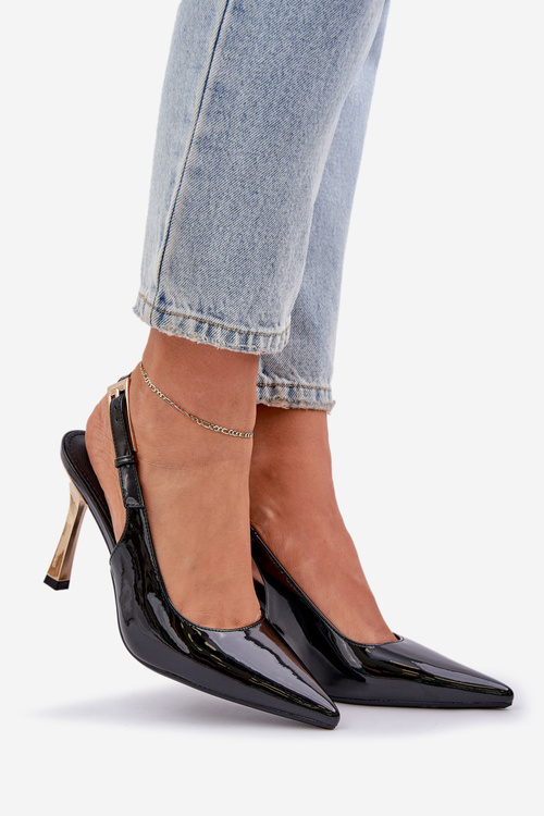 Lacquered High Heels With Open Heel And Pointed Toes Black Rivori