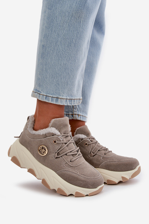 Buty Sportowe Sznurowane Damskie Ocieplane Na Platformie Szare Bialoa