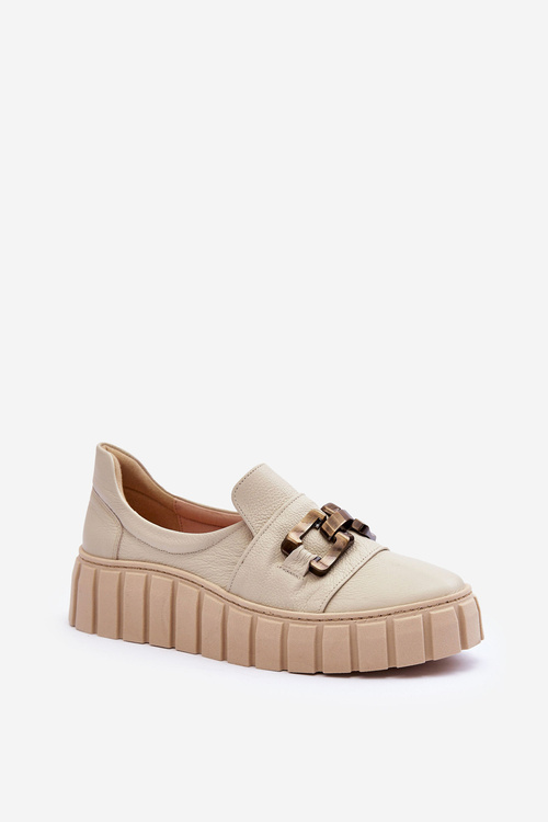 Women's Leather Platform Shoes with Decorative Beige Lewski 3398 
