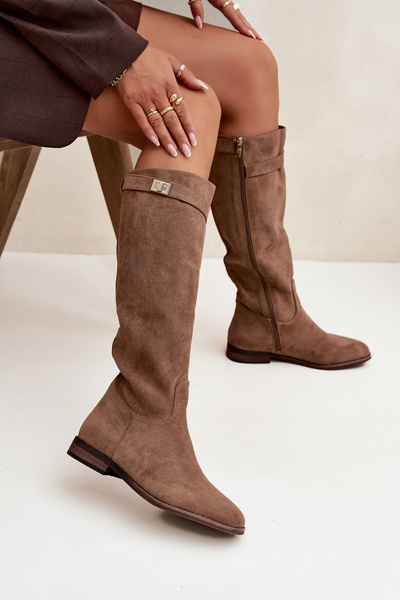 Insulated Women's Boots Flat Heel with Strap and Silver Detail Dark Beige Geraline