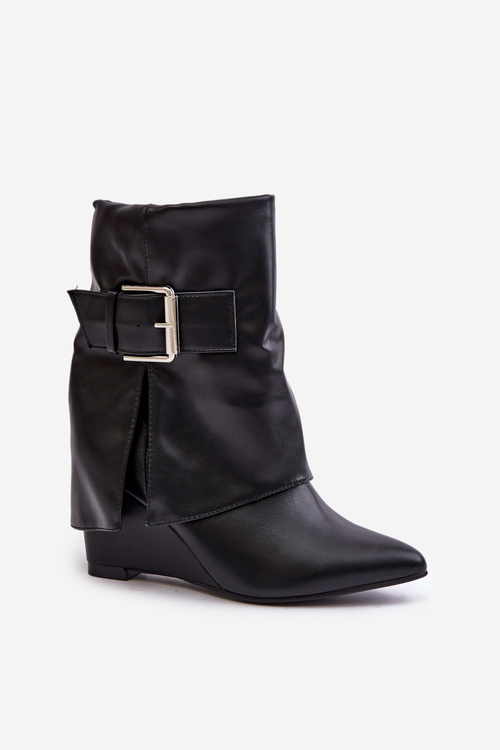 Wedge Ankle Boots With Folded Shaft And Buckle Black Vortinia