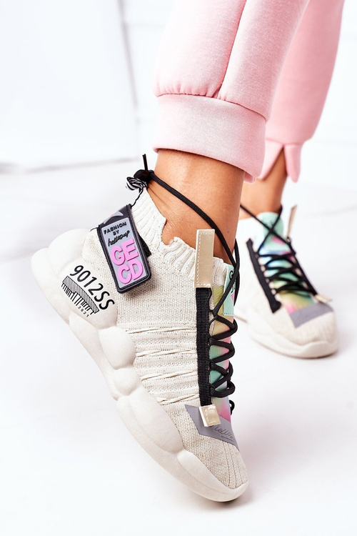 Sneakersy Sportowe Buty Wiązane Beżowe Bubble Tea