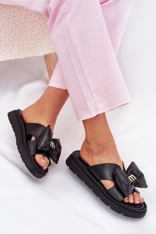 Ladies leather sandals on platform with bow CheBello 4647 black
