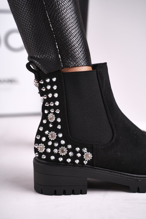 Women's Boots Silver Rivets Black Lady In Black