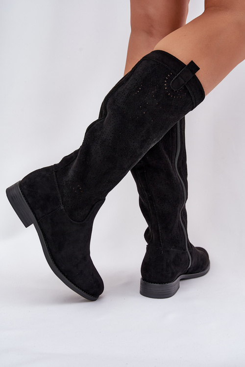 Knee Boots With Perforated Shaft On Flat Heel S.Barski HY51-860 Black