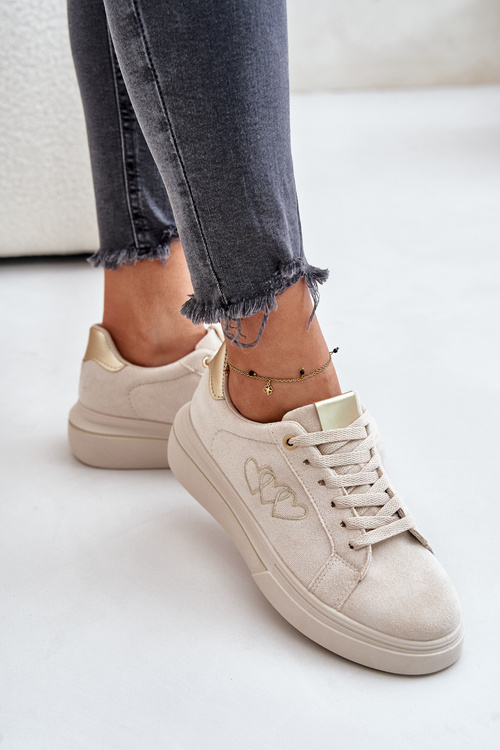 Sneakersy Z Sercami Na Platformie Eko Zamszowe Damskie Beżowe Avirorae