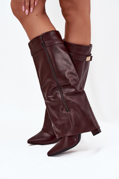 Women's Ankle Boots With Block Heel Rolled Down Shaft And Gold Detail Burgundy Diorna
