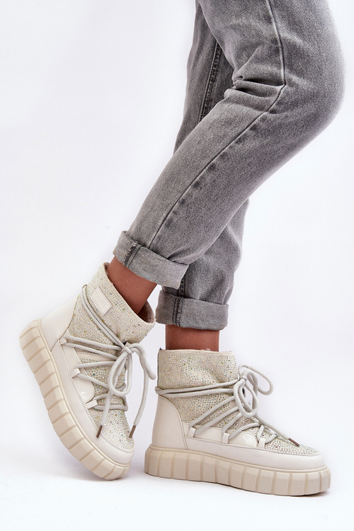 Quilted Snow Boots Embellished with Rhinestones Women's GOE MM2N4081 Beige