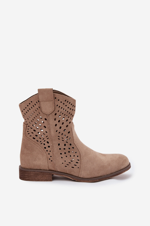 Ladies openwork ankle boots with flat heel beige Amisna
