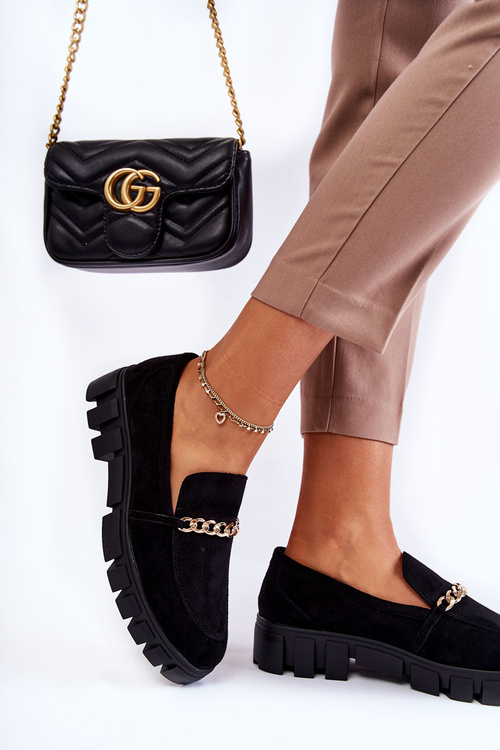 Półbuty Loafery Zamsz Łańcuch Czarne Anne