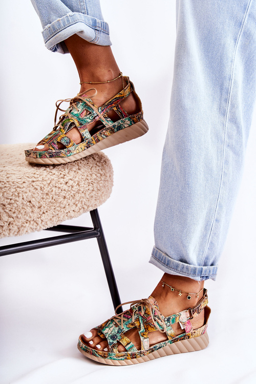 Women's Leather Sandals With Velcro 05375-09 Green