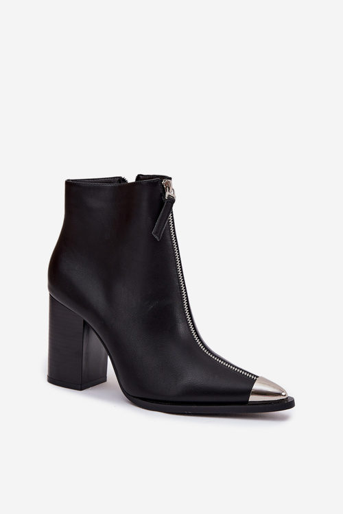 Damskie Botki Obcas Słupek Ozdobny Zamek Eko Skóra Czarne Wiviane