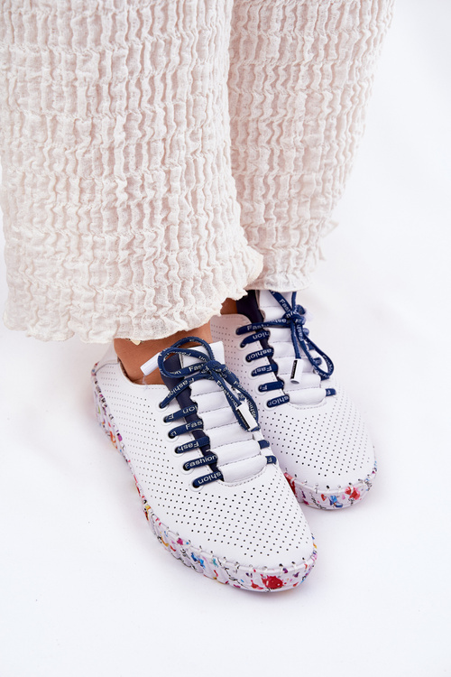 Damskie Półbuty Skóra Naturalna Wzorzysta Platforma Biało-Granatowe Artiker 52C1713