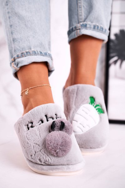 Women’s Furry Slippers With Rabbit And Carrot Grey Follow Me