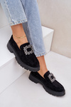 Eco Suede Women's Loafers With Decorative Brooch Black Valiana