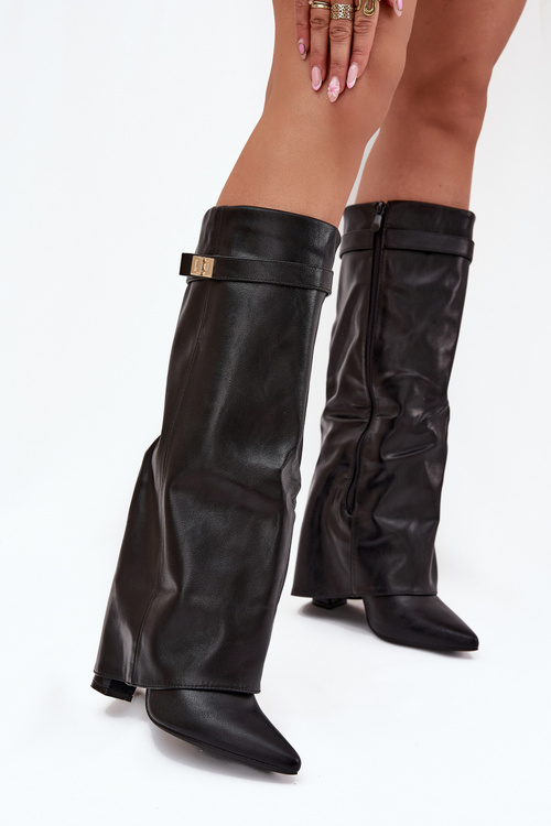 Women's Heeled Boots With Folded Shaft And Gold Detail Black Diorna