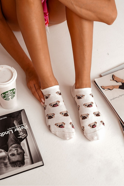 Damskie Skarpetki Bawełniane W Mopsy Ecru