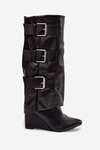 Women's Platform Boots with Turned Top and Silver Buckles Black Sarisse