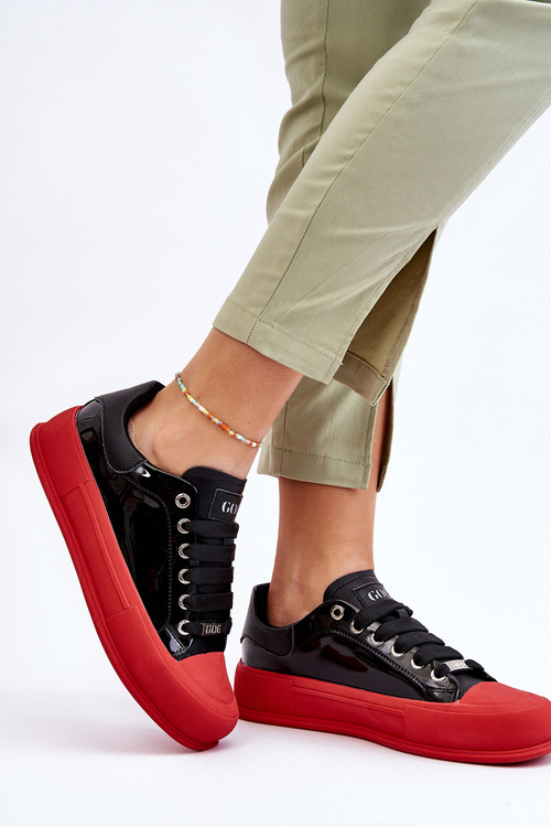Trampki Damskie Lakier Platforma Czarno-Czerwone GOE LL2N4021