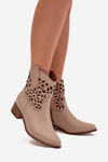 Zazoo 3404 Perforated Cowboy Ankle Boots With Low Heel Leather Dark Beige