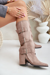 Knee High Heeled Boots With Folded Shaft And Buckles Beige Vamissa