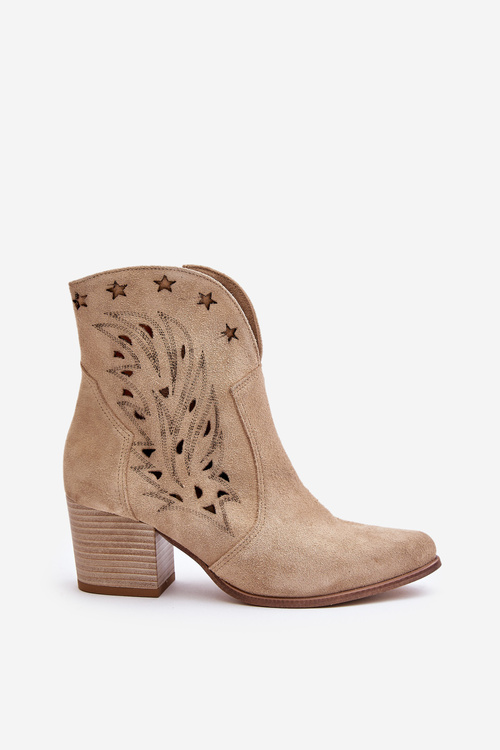 Kowbojki Botki Ażurowe Obcas Słupek Zamsz Beżowe Lewski 3613