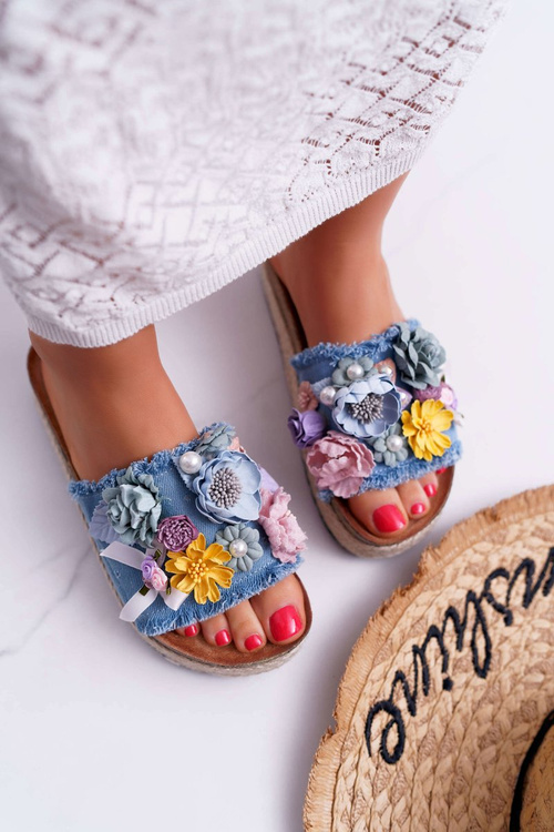 Women's Flip Flops With Flowers Thick Sole Blue Amadeo
