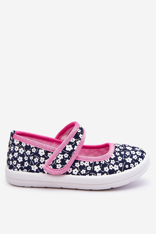 Children's Velcro Ballerinas In Print Navy Blue And Pink Selah