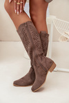 Openwork Women's Knee-High Block Heeled Boots Dark Beige Fioris