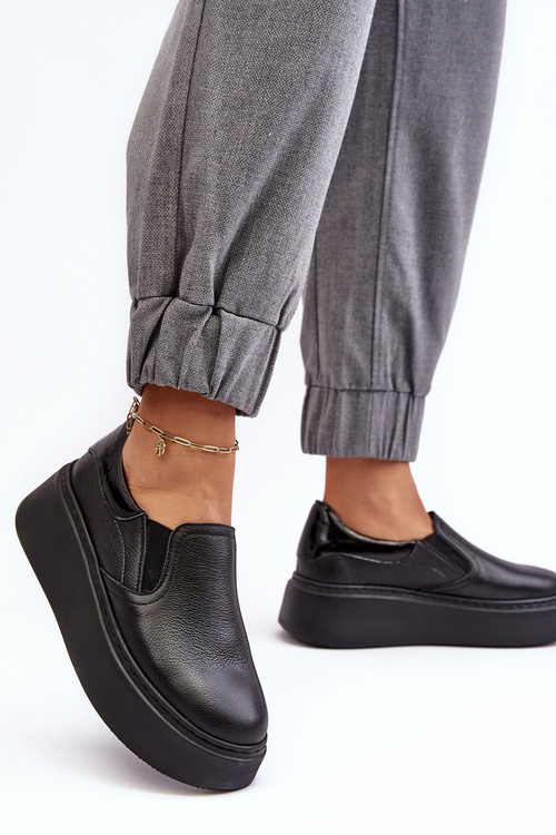 Buty Sportowe Damskie Skóra Platforma Czarne Lemar Manish 10151
