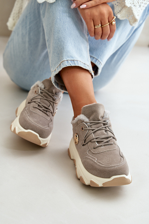 Buty Sportowe Sznurowane Damskie Ocieplane Na Platformie Szare Bialoa