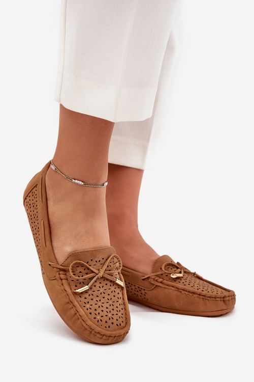 Ladies Moccasins With Perforated Pattern And Lacing Camel Mirisa
